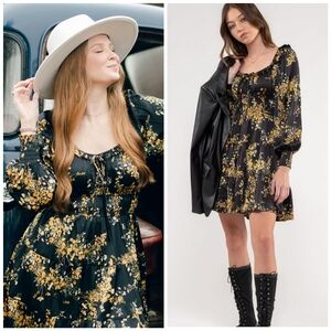 Blu Pepper Black and Yellow Floral Long-Sleeve Tiered Mini Dress